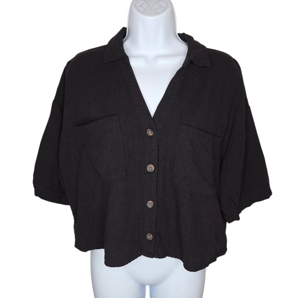 ​Hiatus Black Rayon Linen Blend Cropped Button Front Top Shirt Size L